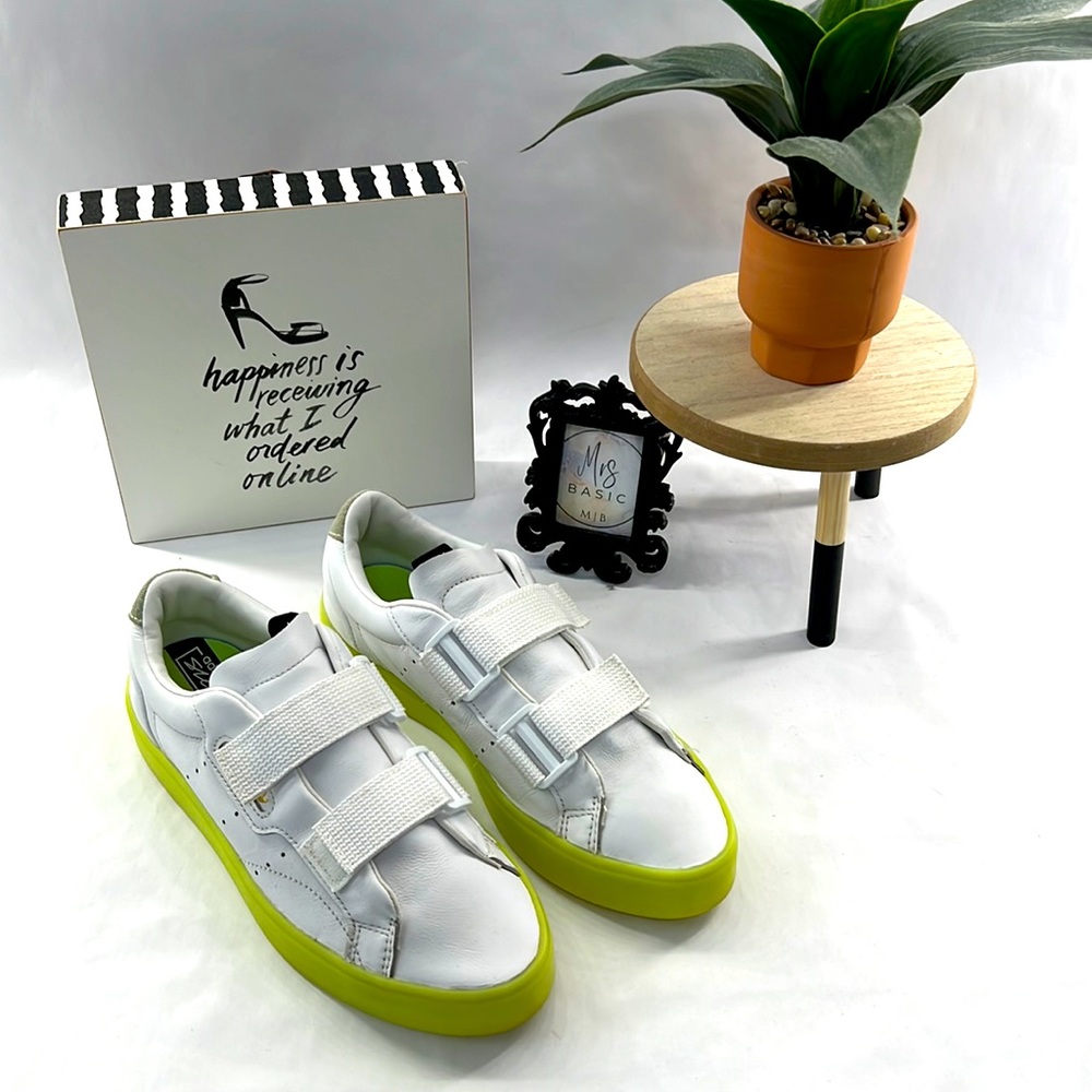 Adidas Sleek S, White w/Lime Green Sole & Loop-and-Fasten Straps, Size 7.5